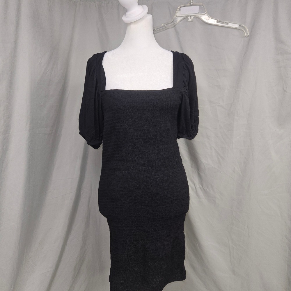 Urban Outfitters Womens Black Smocked Puff Sleeve Square Neck Bodycon Dress LG
